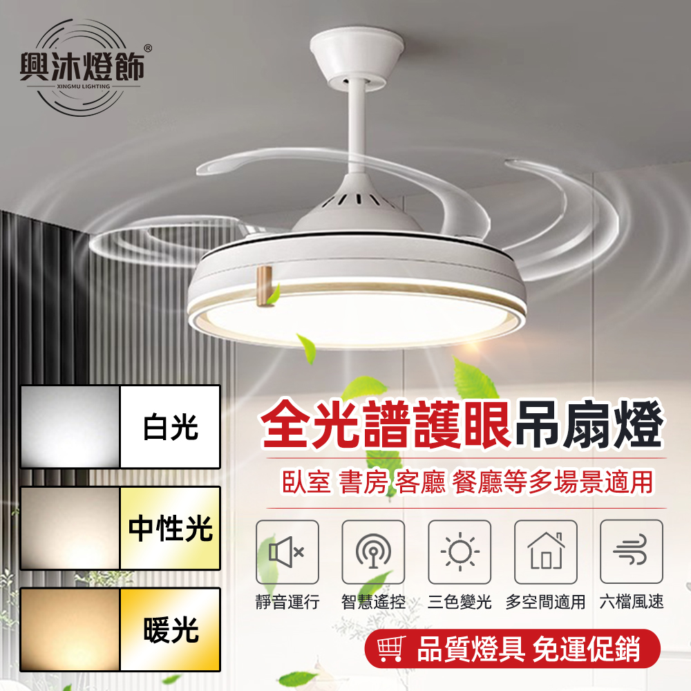 【XINGMU 興沐】48吋全光譜護眼LED隱形吊扇燈（可定時開關/三色變光/六檔變頻省電）