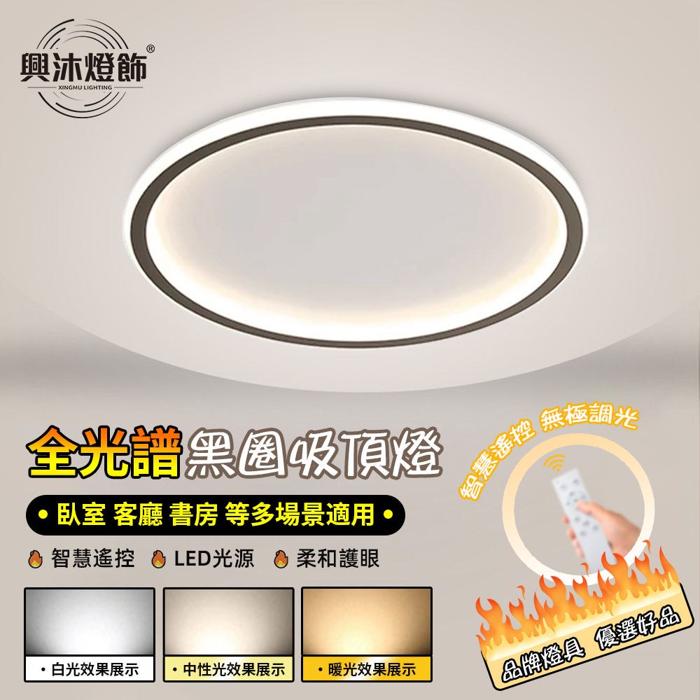 【XINGMU 興沐】LED白圈黑圈50cm吸頂燈 （入戶玄關過道燈 走廊燈 陽臺吸頂燈 附帶遙控器）