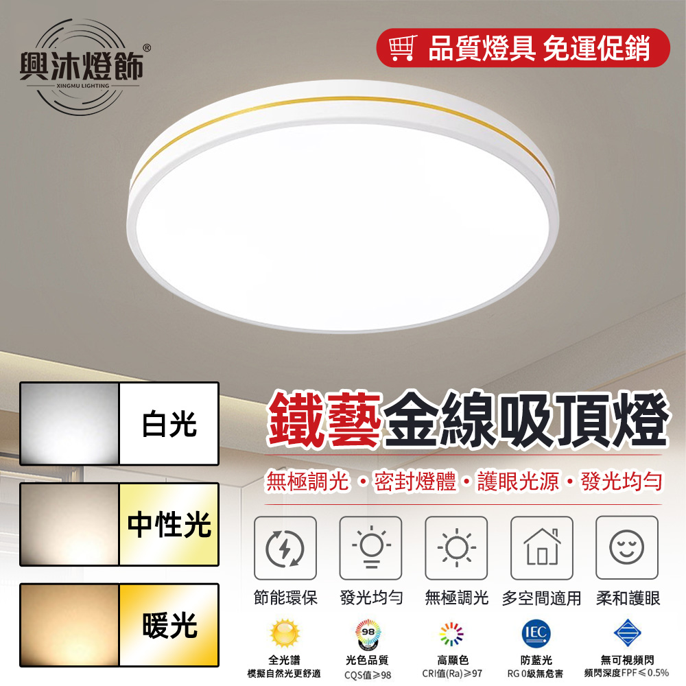 【XINGMU 興沐】鐵藝金線吸頂燈 50公分全光譜吸頂燈 護眼無藍光 LED吸頂燈 客廳/餐廳專用 高亮度均光