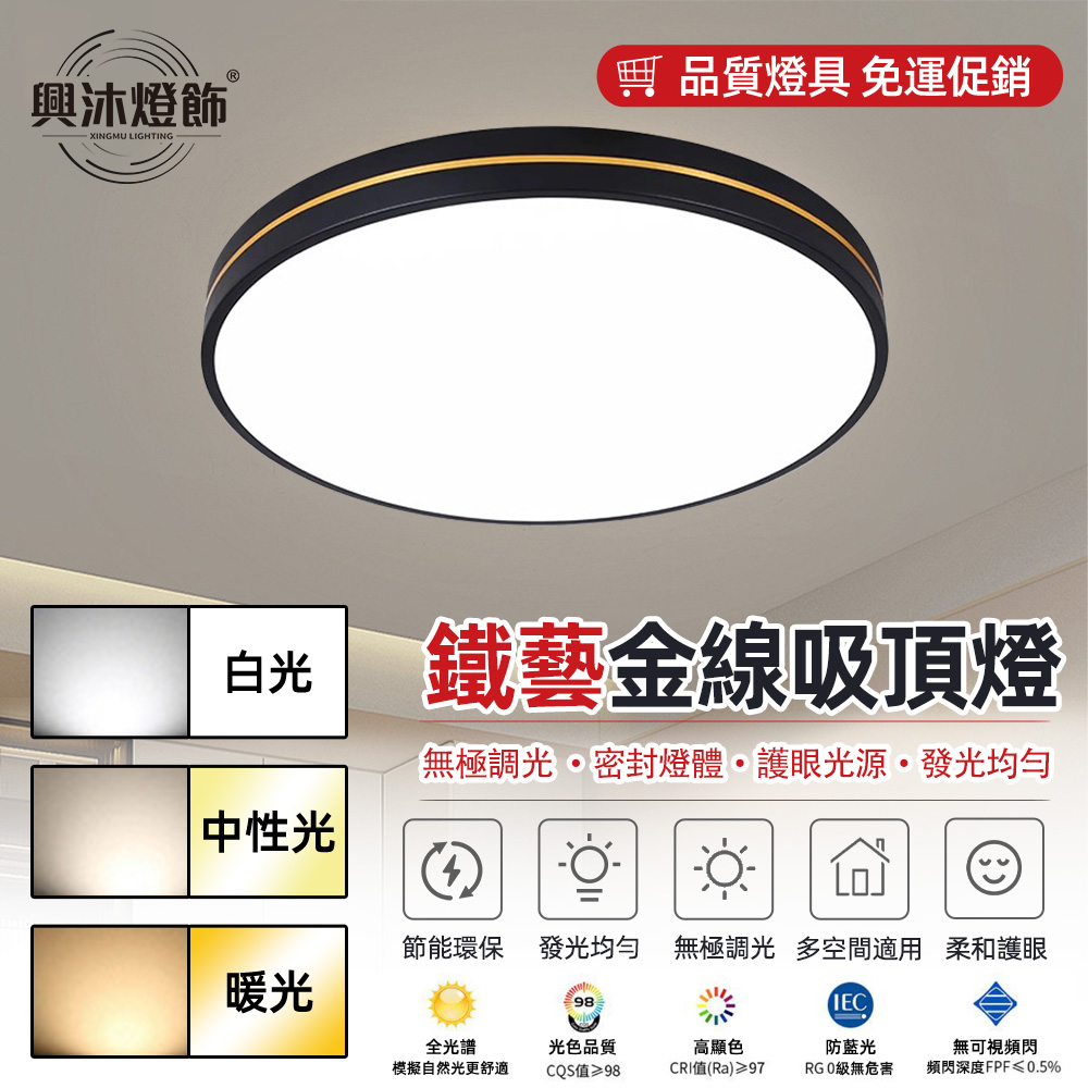 【XINGMU 興沐】鐵藝金線吸頂燈 40公分全光譜吸頂燈 護眼無藍光 LED吸頂燈 客廳/餐廳專用 高亮度均光