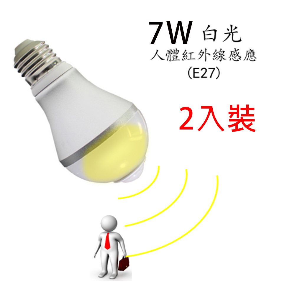 人體紅外線感應 LED燈泡-7W 白光 E27-2入裝