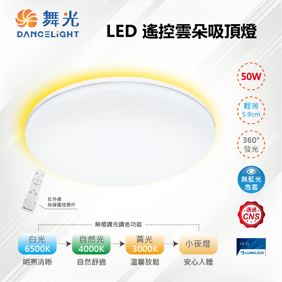 LED 50W 雲朵遙控吸頂燈 四段壁切 輕薄5.9cm 透明底盤 D-CEN50DM【舞光-LED】