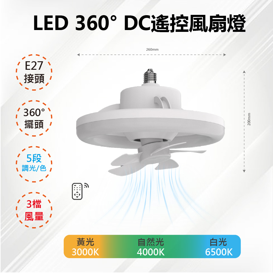 LED 48W 360度 DC遙控風扇燈 調光調色 可擺頭 E27接頭適用