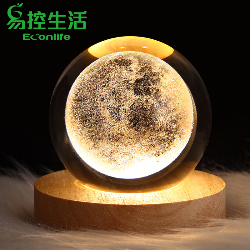 ◤實木水晶球氣氛小夜燈◢ 月球 發光投影氣氛燈 USB供電 禮品送禮擺件 2入組(J30-033-05X2)
