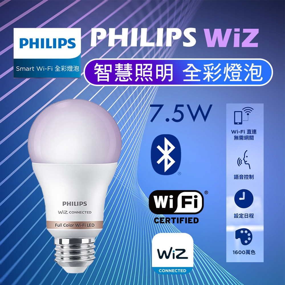 飛利浦照明 Wi-Fi WiZ 智慧照明 7.5W LED全彩燈泡(2入裝)