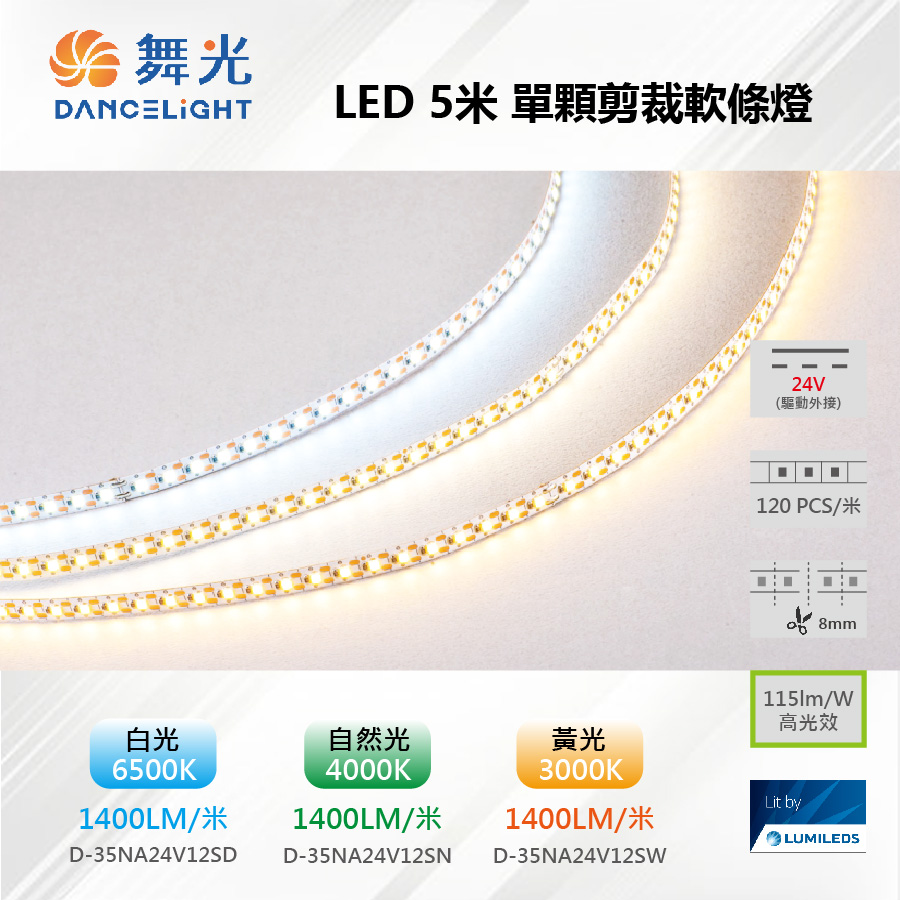 5米 2835 LED 24V 12W/米 120PCS 低壓高亮度軟條燈 單顆剪裁 D-35NA24V12S【舞光-LED】
