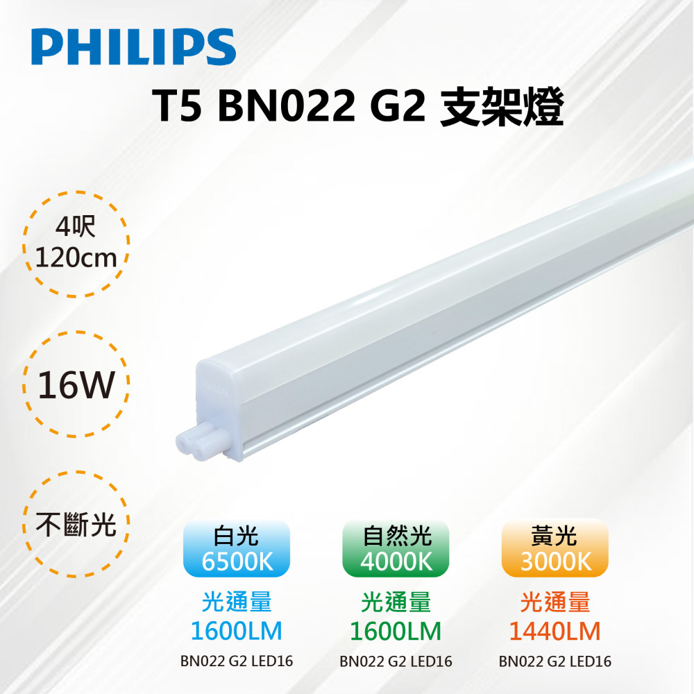 ※4入※【PHILIPS 飛利浦】T5 LED 16W 4呎 支架燈 層板燈(附串接線) BN022 G2