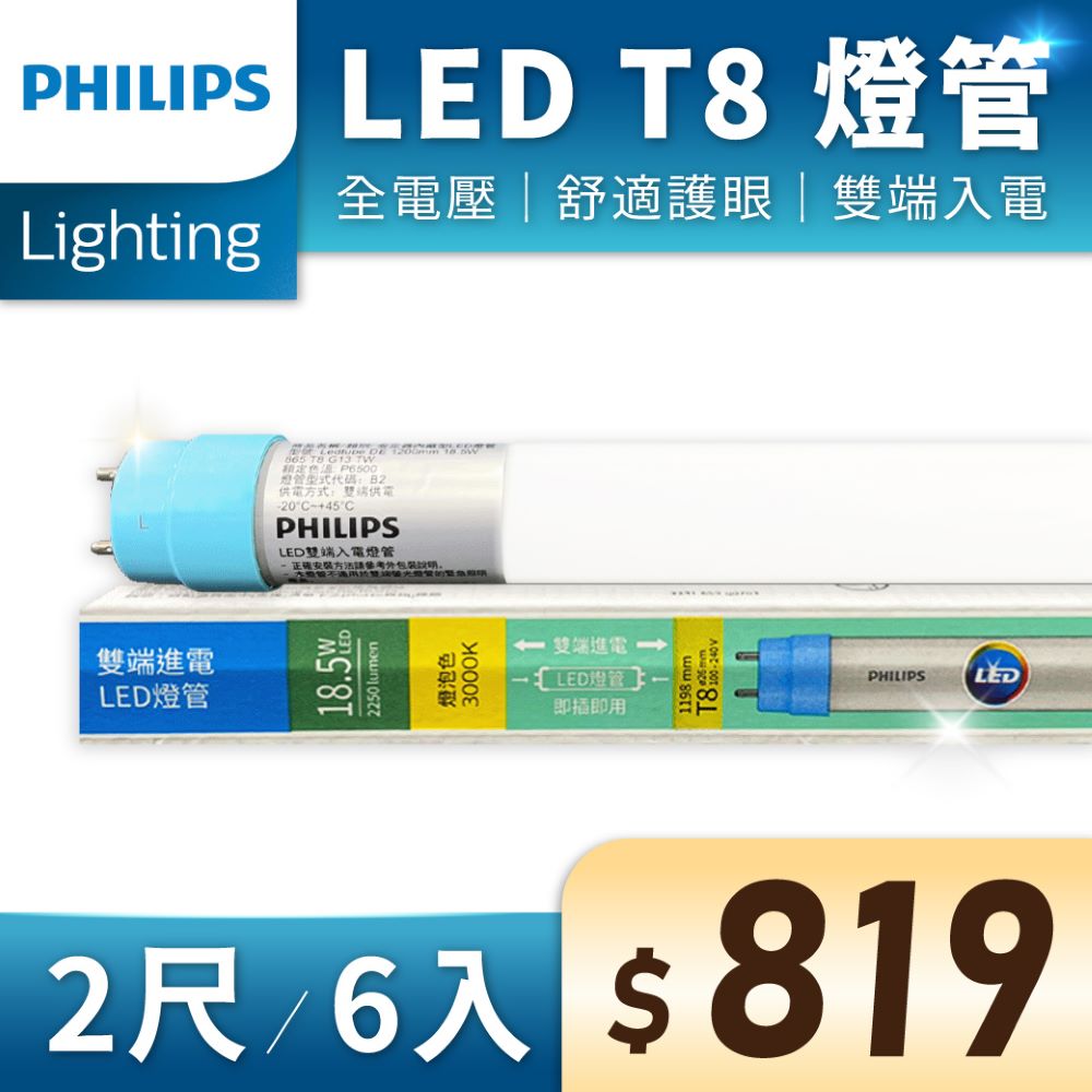 (6入) 【PHILIPS飛利浦】 LED T8 2尺 9.5W 全電壓 雙端入電 日光燈管 (黃光/自然光/白光)