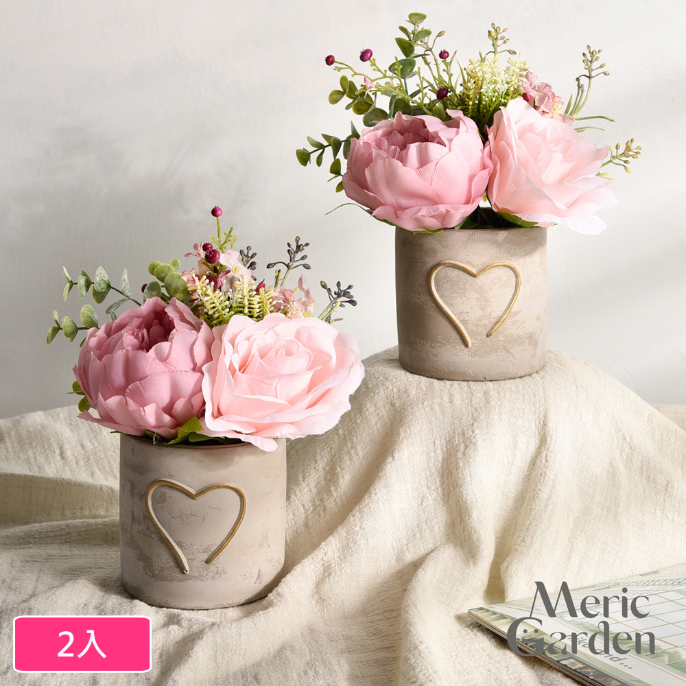 【Meric Garden】高仿真唯美粉色玫瑰療癒手工水泥盆栽_2入/組