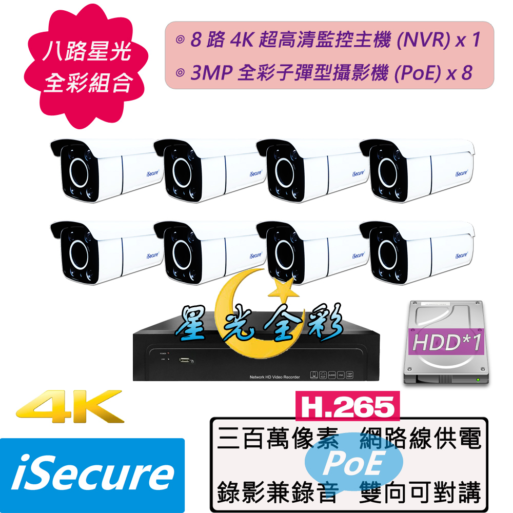 八路監視器組合:一部八路 4K 網路型監控主機 (NVR)+八部星光全綵 3MP 子彈型攝影機 (PoE)
