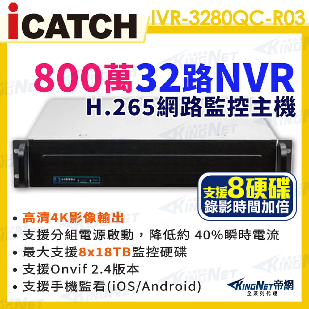 【帝網KingNet】ICATCH 可取 IVR-3280QC-R03 ULTRA 32路 NVR 錄影主機 800萬 支援8顆監控硬碟