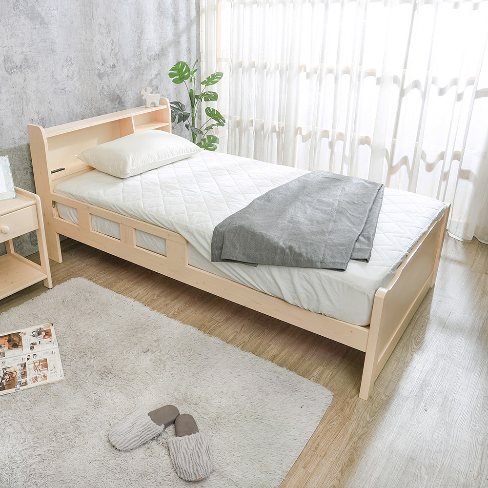 Birdie-喬托3.5尺單人書架型插座床頭護欄實木床架/兒童床組