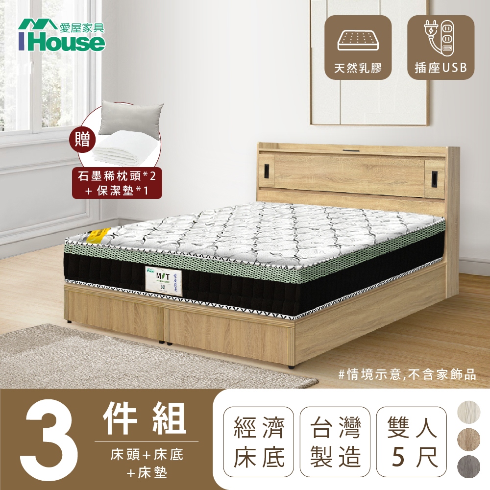 【IHouse愛屋傢俱】品田 房間3件組(床頭箱+床底+床墊) 雙人5尺