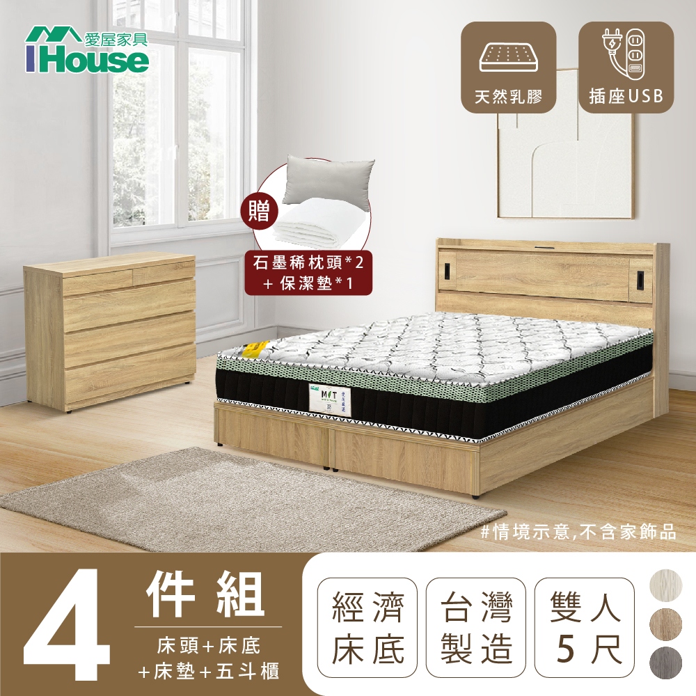 【IHouse愛屋家具】品田 房間4件組(床頭箱+床底+床墊+斗櫃) 雙人5尺