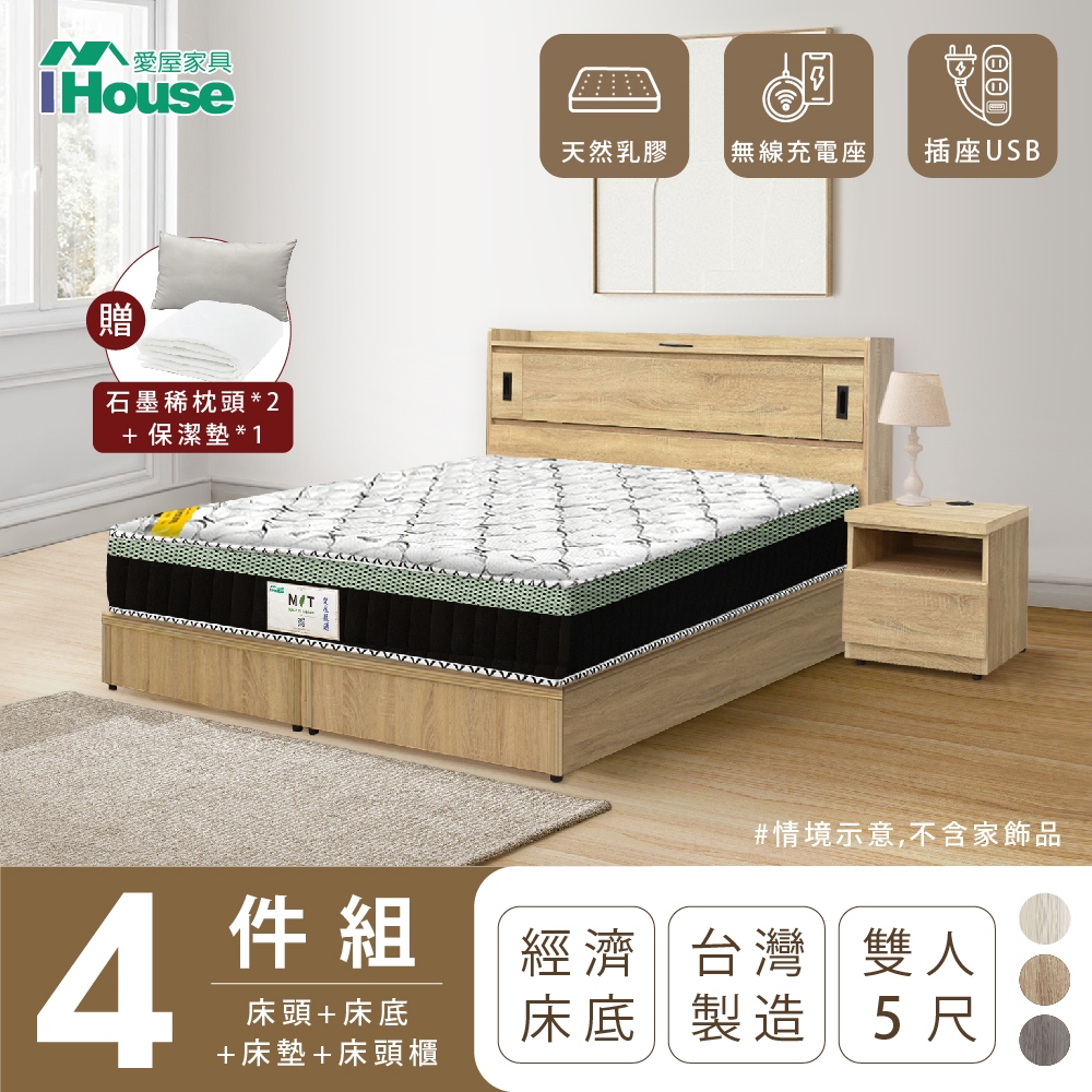 【IHouse愛屋家具】品田 房間4件組(床頭箱+床底+床墊+床頭櫃) 雙人5尺