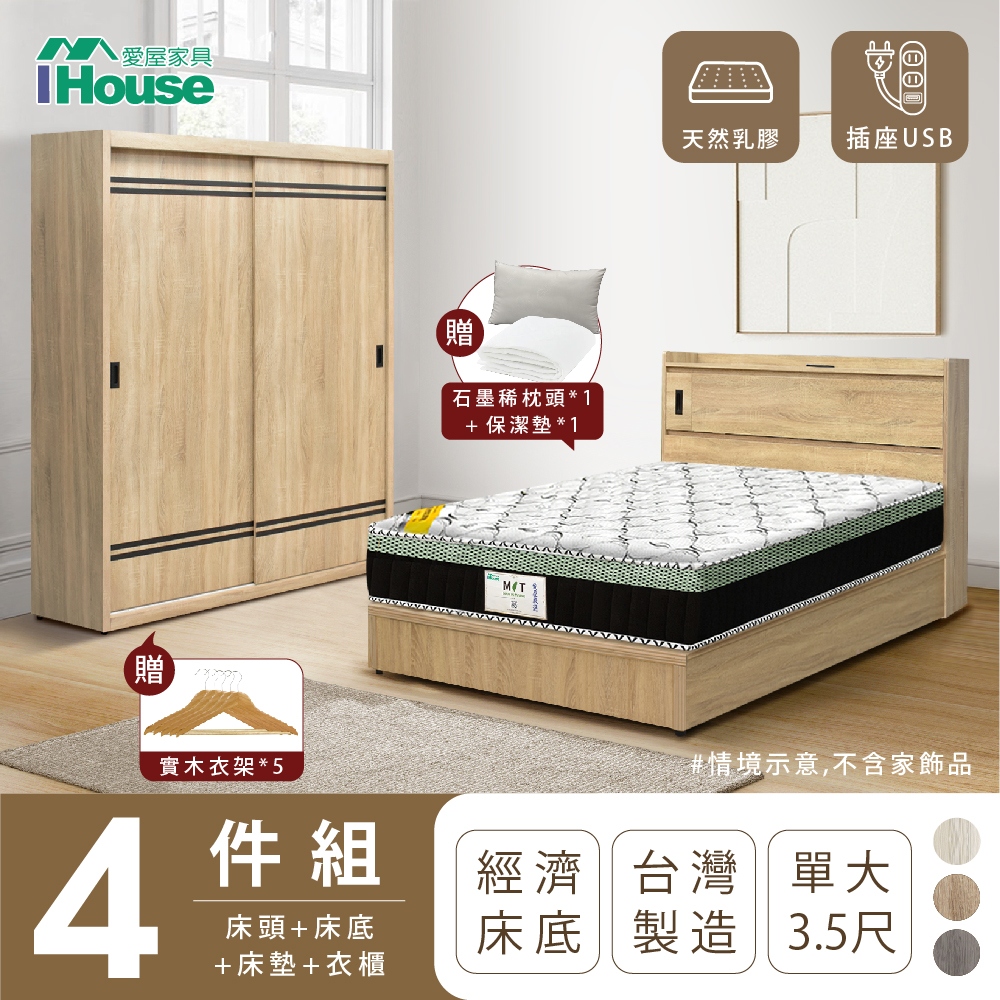 【IHouse愛屋家具】品田 房間4件組(床頭箱+床底+床墊+衣櫃) 單大3.5尺