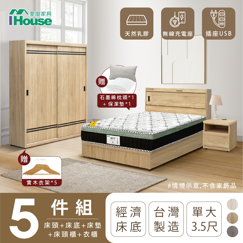 【IHouse愛屋家具】品田 房間5件組(床頭箱+床底+床墊+床頭櫃+衣櫃) 單大3.5尺