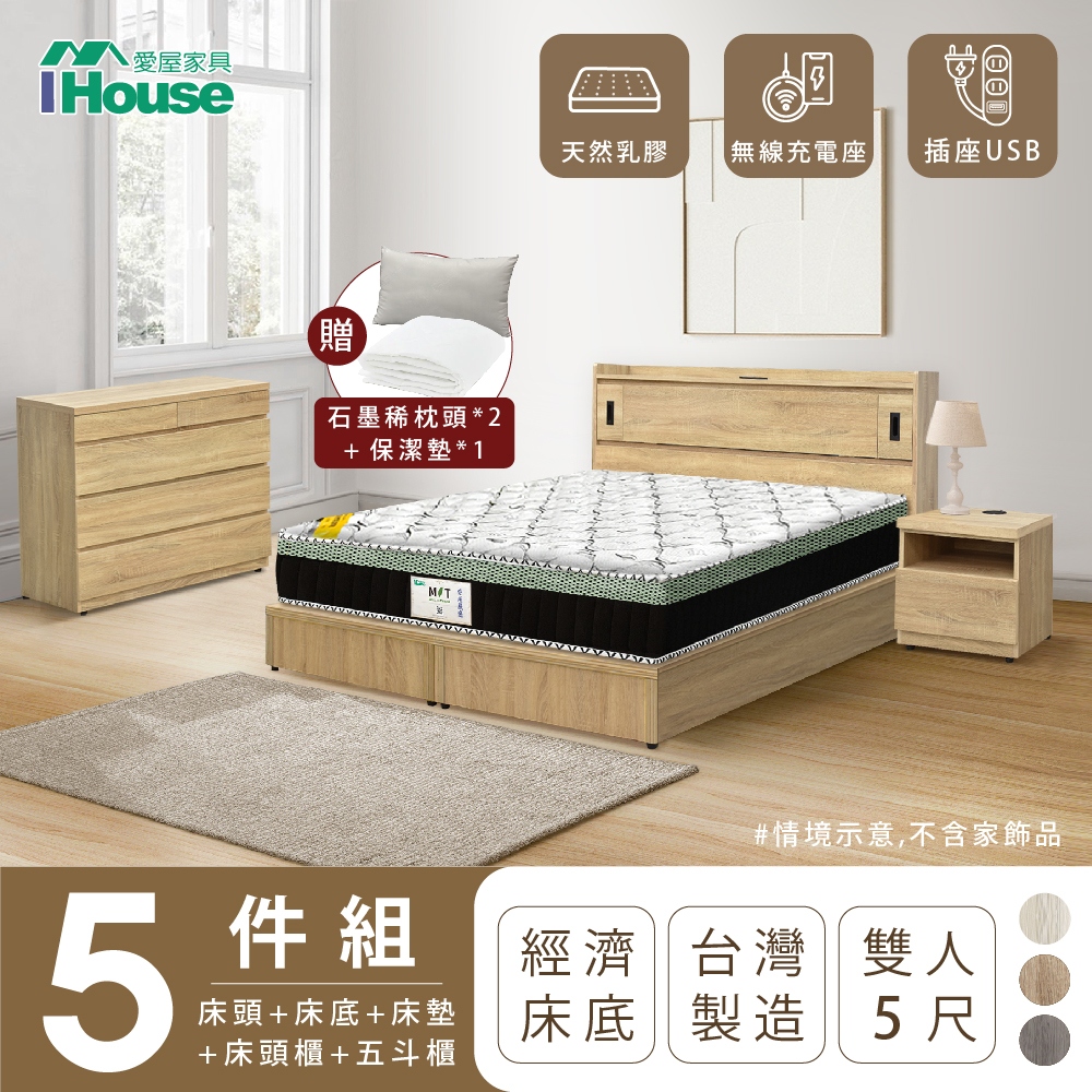 【IHouse愛屋傢俱】品田 房間5件組(床頭箱+床底+床墊+床頭櫃+鬥櫃) 雙人5尺