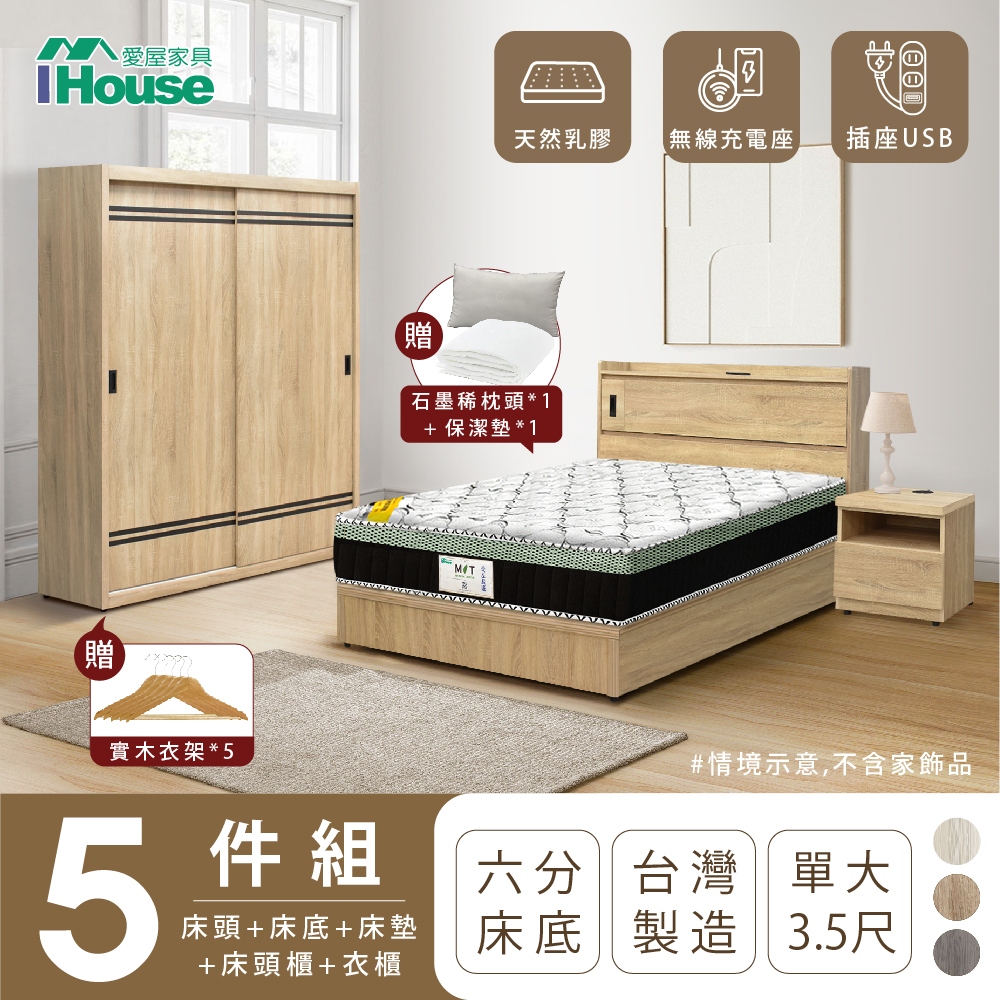 【IHouse愛屋家具】品田 房間5件組(床頭箱+6分底+床墊+床頭櫃+衣櫃) 單大3.5尺