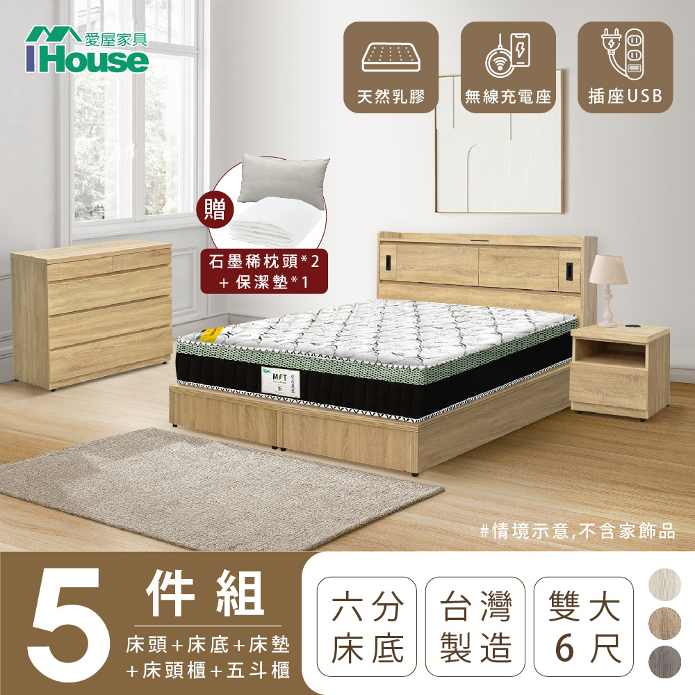 【IHouse愛屋家具】品田 房間5件組(床頭箱+6分底+床墊+床頭櫃+斗櫃) 雙大6尺