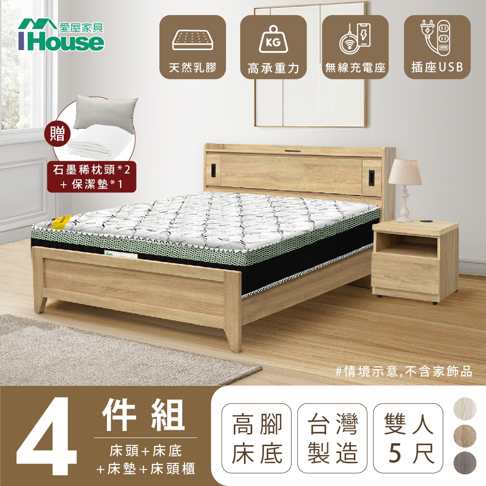 【IHouse愛屋家具】品田 房間4件組(床頭箱+高腳床架+床墊+床頭櫃) 雙人5尺