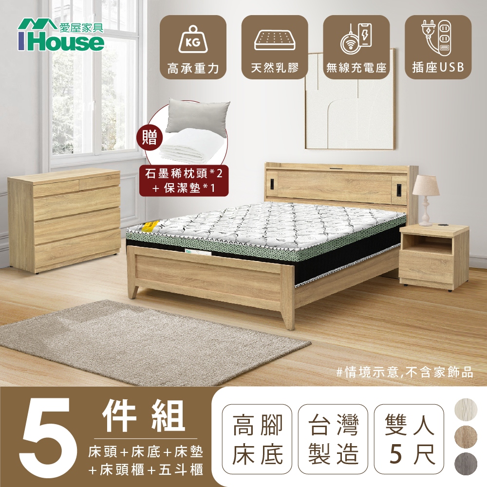 【IHouse愛屋家具】品田 房間5件組(床頭箱+高腳床架+床墊+床頭櫃+斗櫃) 雙人5尺