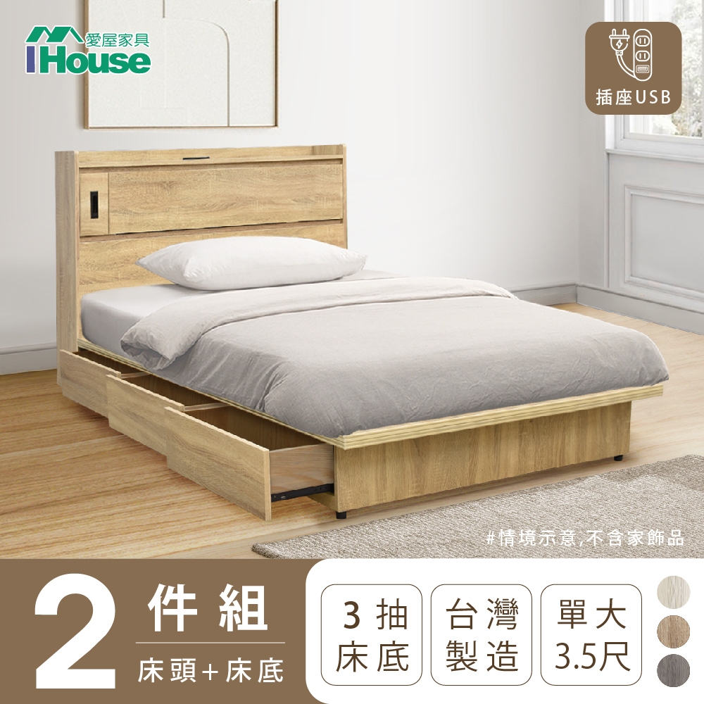 【IHouse愛屋家具】品田 房間2件組(床頭箱+收納抽屜底) 單大3.5尺