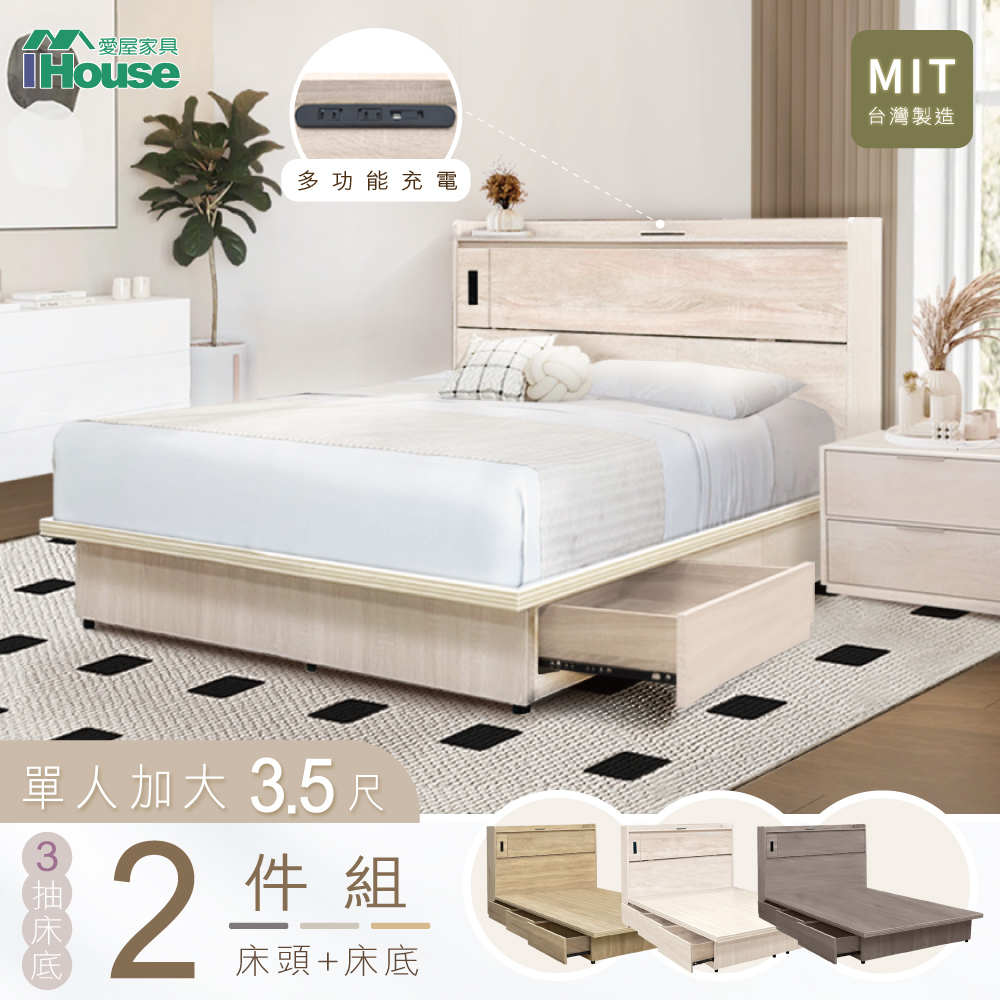 【IHouse愛屋傢俱】品田 房間2件組(床頭箱+收納抽屜底) 單大3.5尺