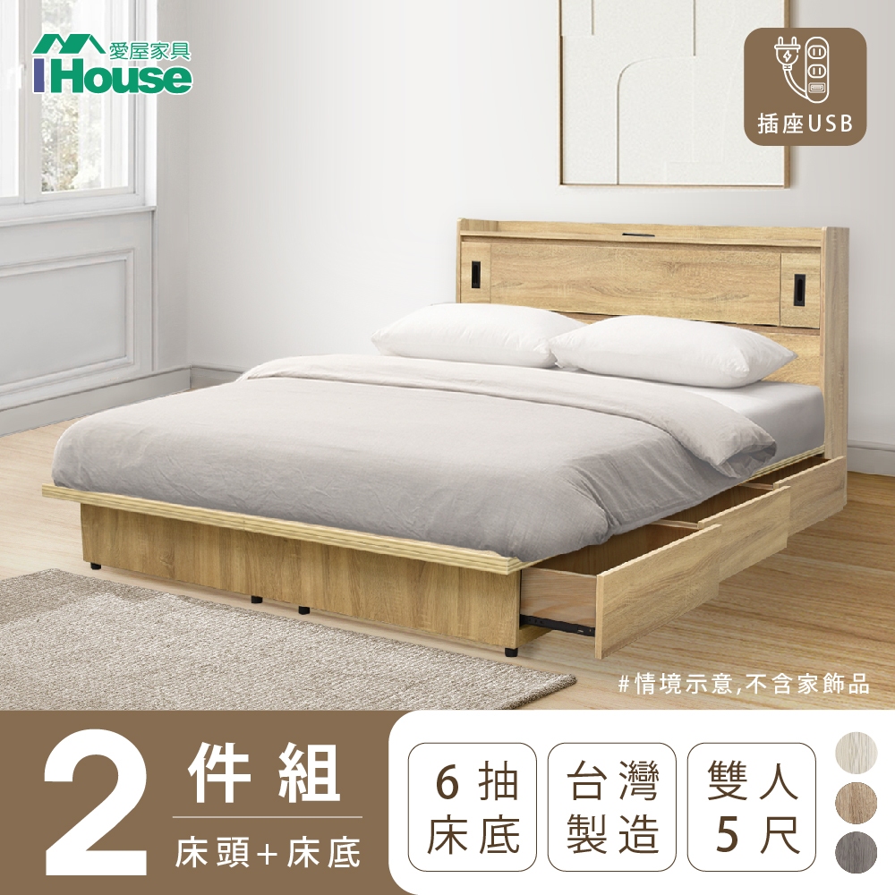 【IHouse愛屋家具】品田 房間2件組(床頭箱+收納抽屜底) 雙人5尺