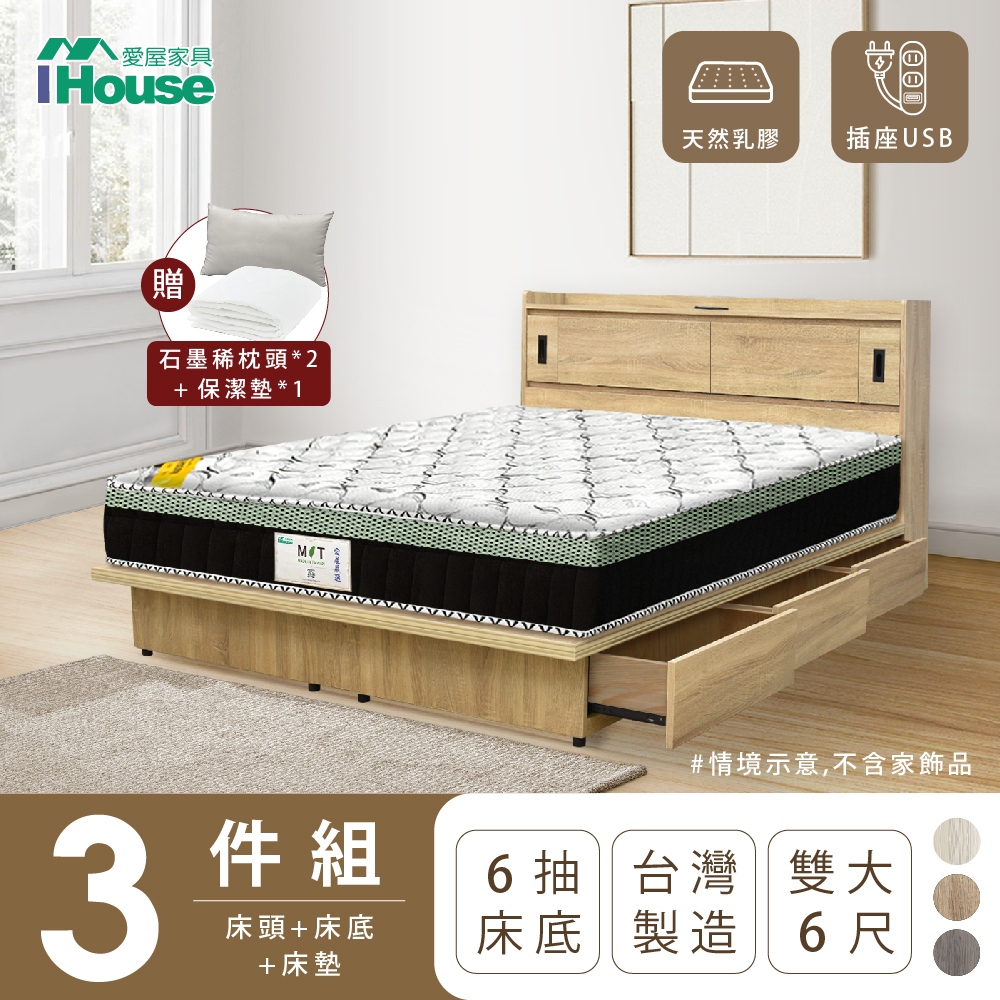 【IHouse愛屋傢俱】品田 房間3件組(床頭箱+收納抽屜底+床墊) 雙大6尺