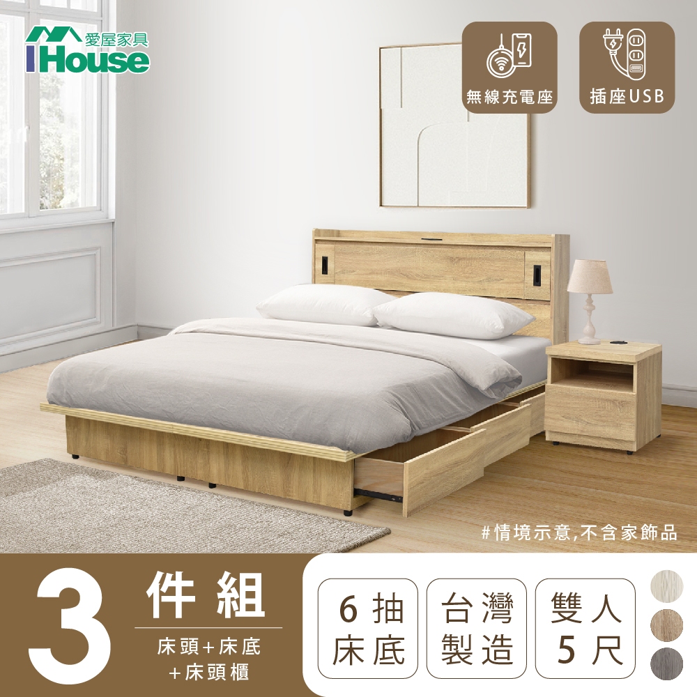 【IHouse愛屋家具】品田 房間3件組(床頭箱+收納抽屜底+床頭櫃) 雙人5尺