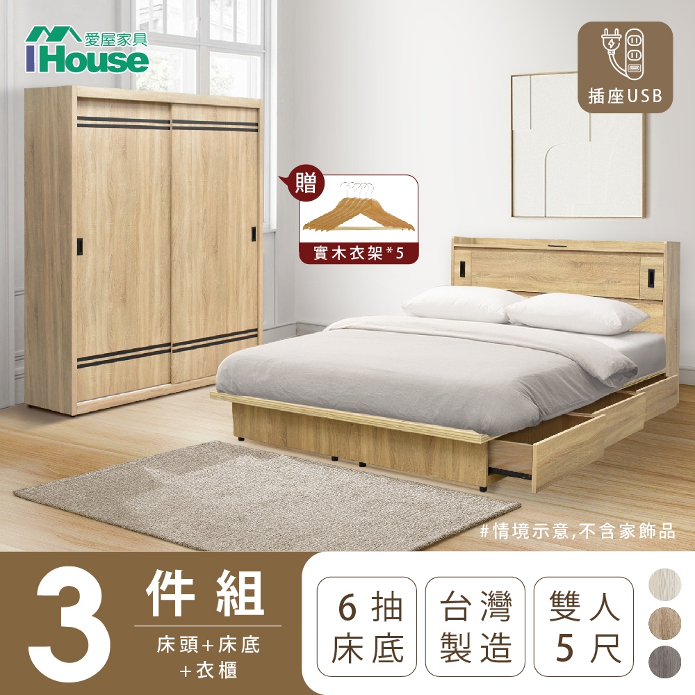 【IHouse愛屋家具】品田 房間3件組(床頭箱+收納抽屜底+衣櫃) 雙人5尺