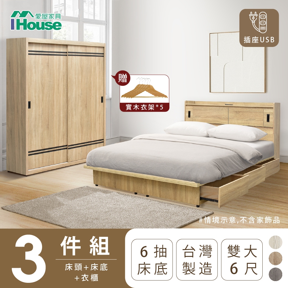 【IHouse愛屋家具】品田 房間3件組(床頭箱+收納抽屜底+衣櫃) 雙大6尺