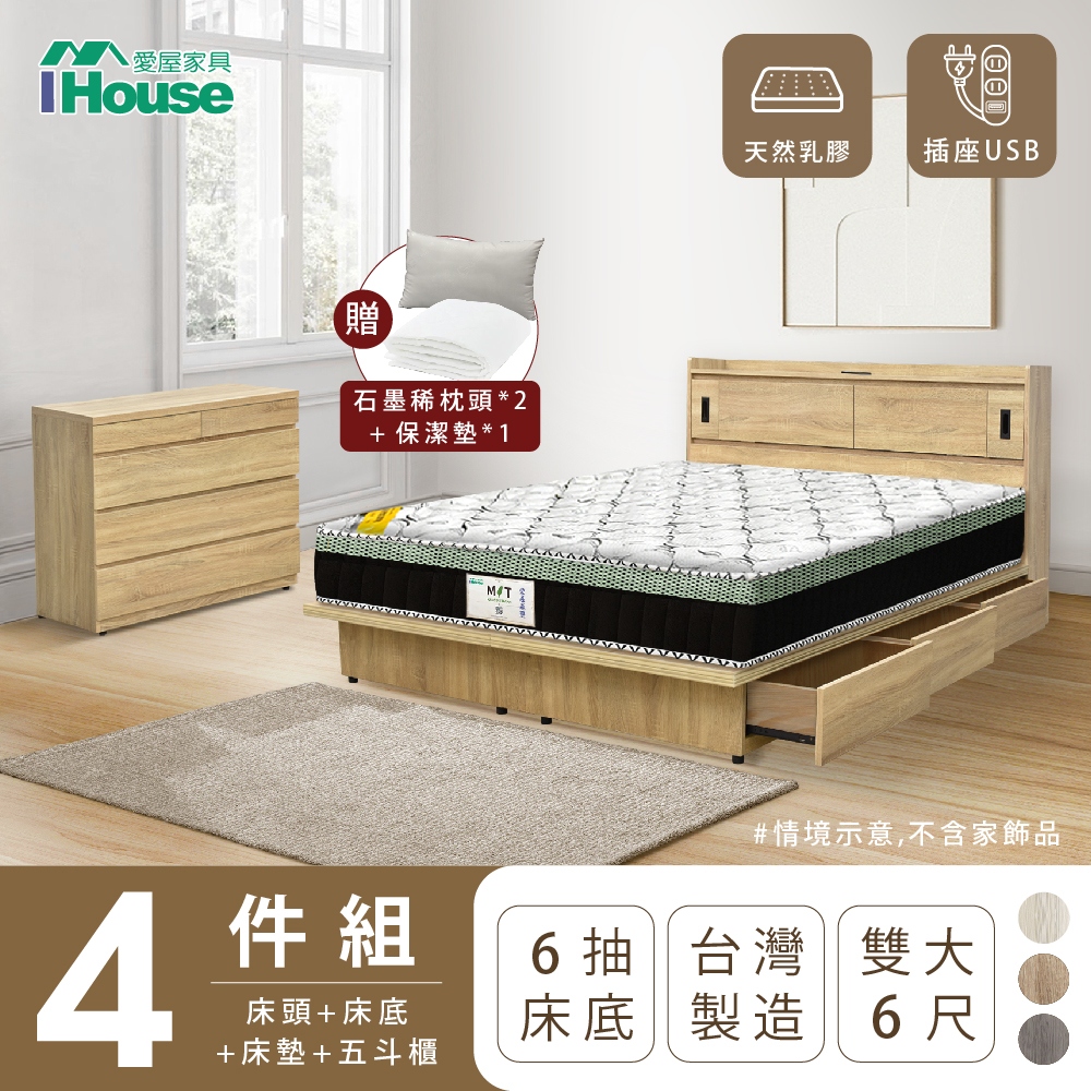 【IHouse愛屋家具】品田 房間4件組(床頭箱+收納抽屜底+床墊+斗櫃) 雙大6尺