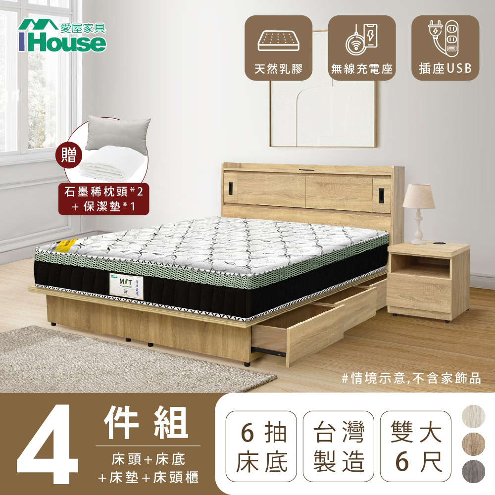 【IHouse愛屋家具】品田 房間4件組(床頭箱+收納抽屜底+床墊+床頭櫃) 雙大6尺