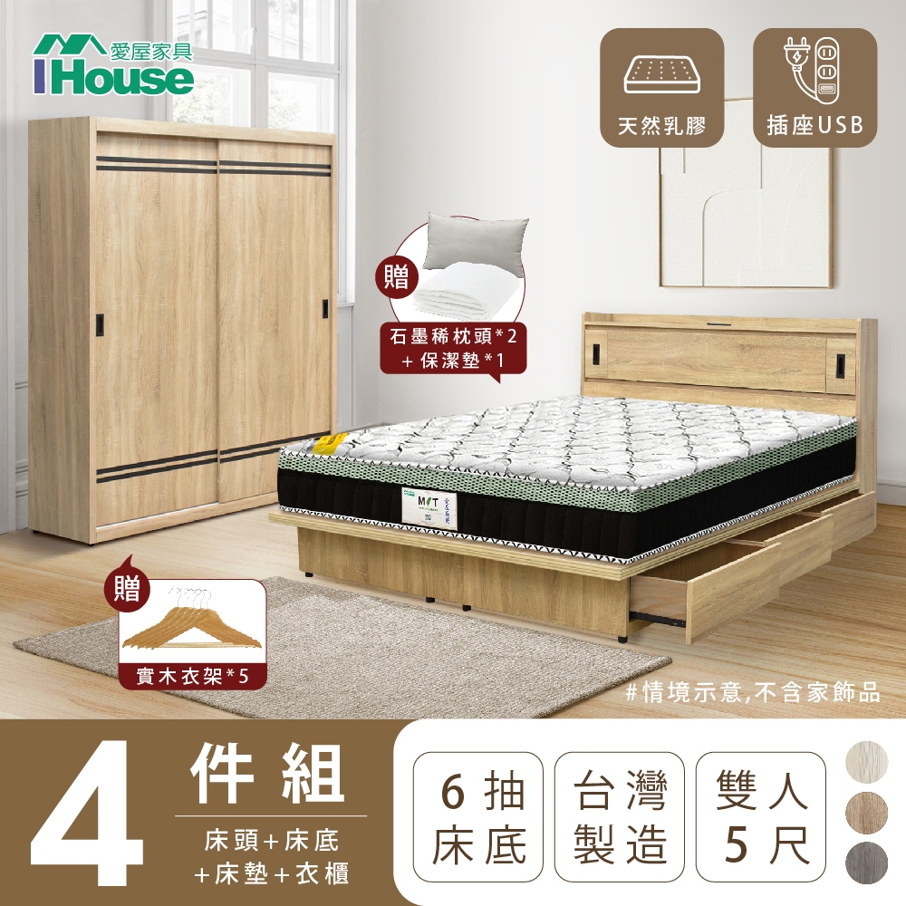 【IHouse愛屋家具】品田 房間4件組(床頭箱+收納抽屜底+床墊+衣櫃) 雙人5尺