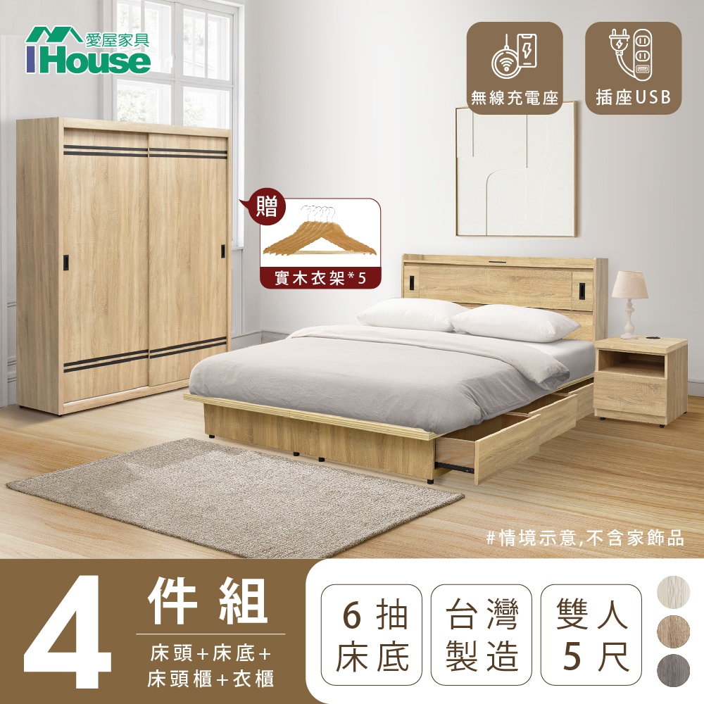 【IHouse愛屋家具】品田 房間4件組(床頭箱+收納抽屜底+床頭櫃+衣櫃) 雙人5尺