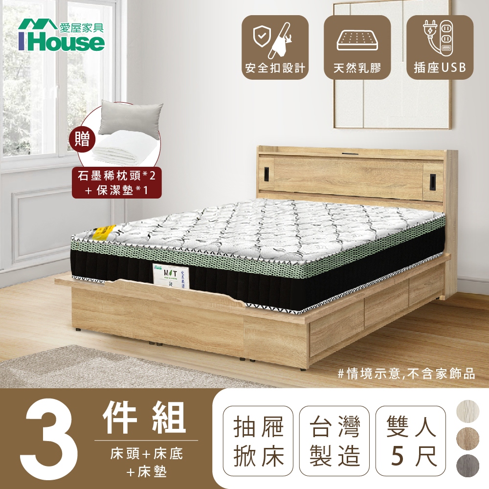 【IHouse愛屋家具】品田 房間3件組(床頭箱、收納抽屜+掀床底、床墊) 雙人5尺