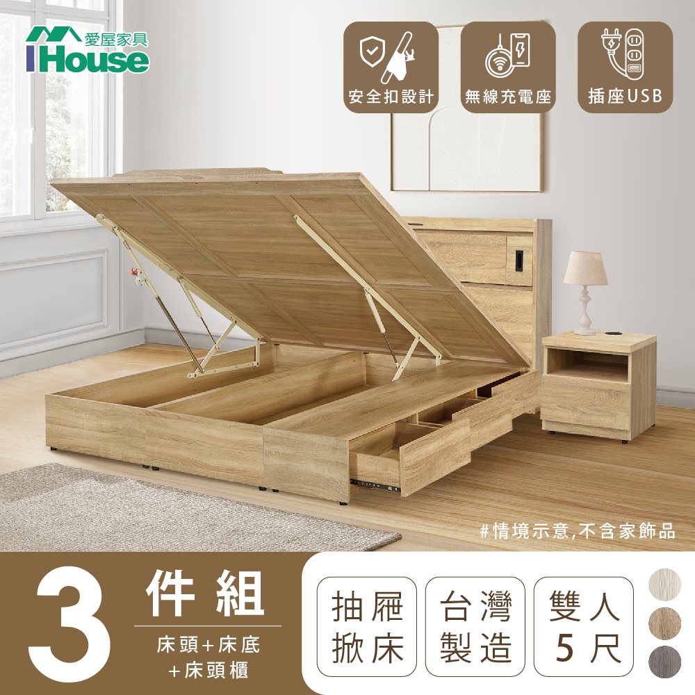 【IHouse愛屋家具】品田 房間3件組(床頭箱、收納抽屜+掀床底、床頭櫃) 雙人5尺
