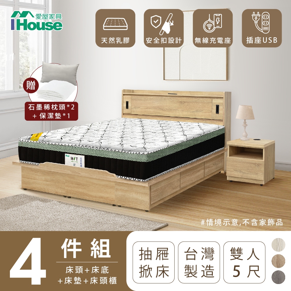 【IHouse愛屋家具】品田 房間4件組(床頭箱、收納抽屜+掀床底、床墊、床頭櫃) 雙人5尺