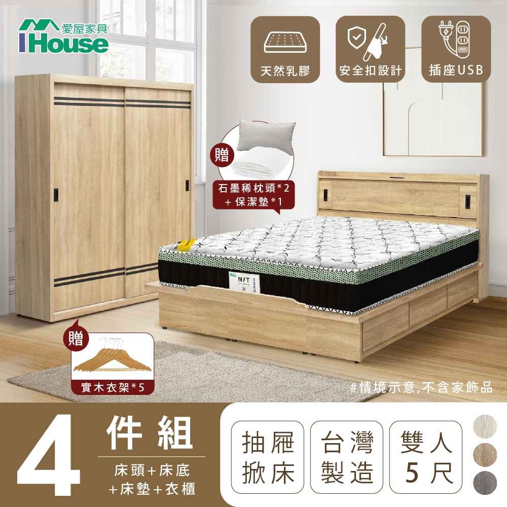 【IHouse愛屋家具】品田 房間4件組(床頭箱、收納抽屜+掀床底、床墊、衣櫃) 雙人5尺