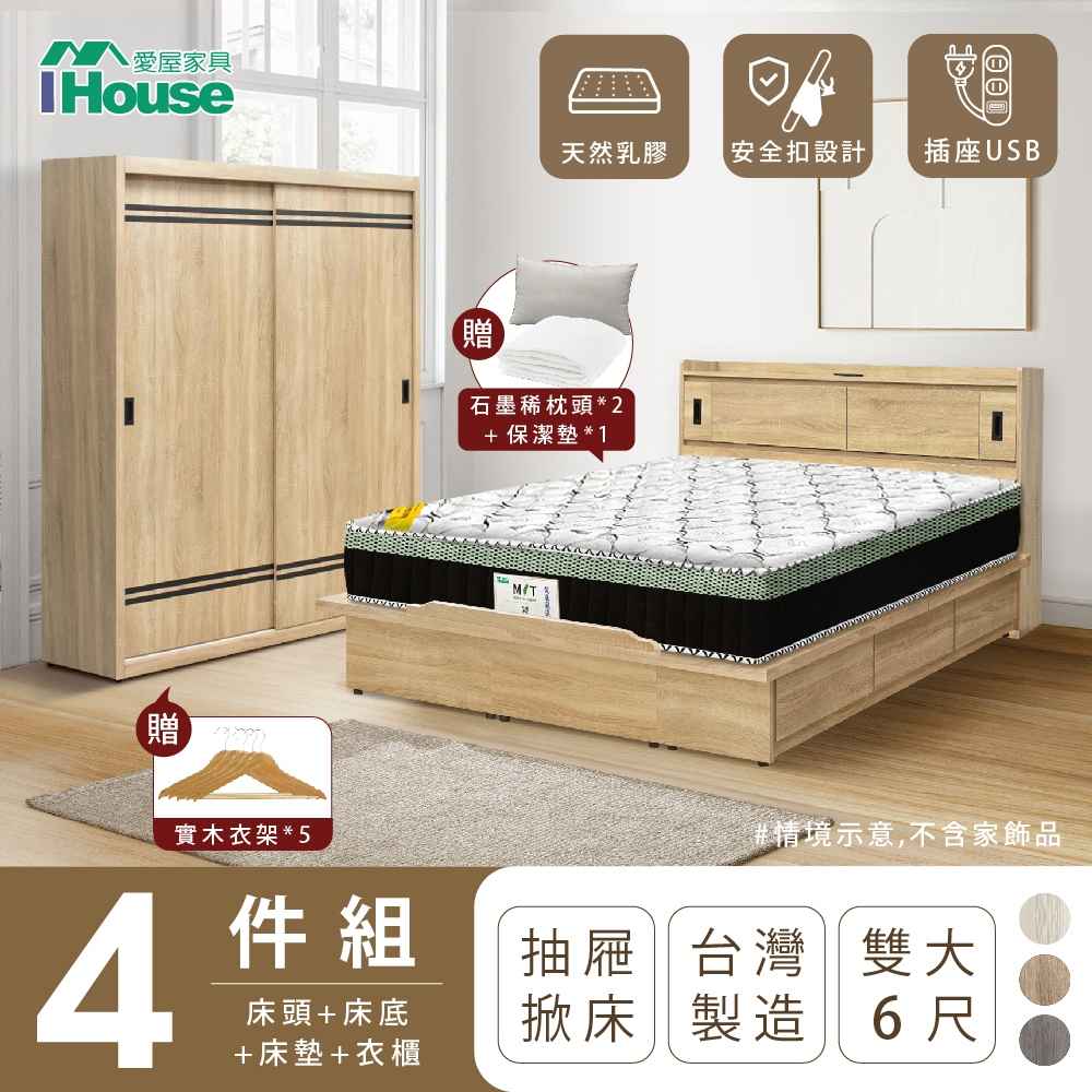 【IHouse愛屋家具】品田 房間4件組(床頭箱、收納抽屜+掀床底、床墊、衣櫃) 雙大6尺
