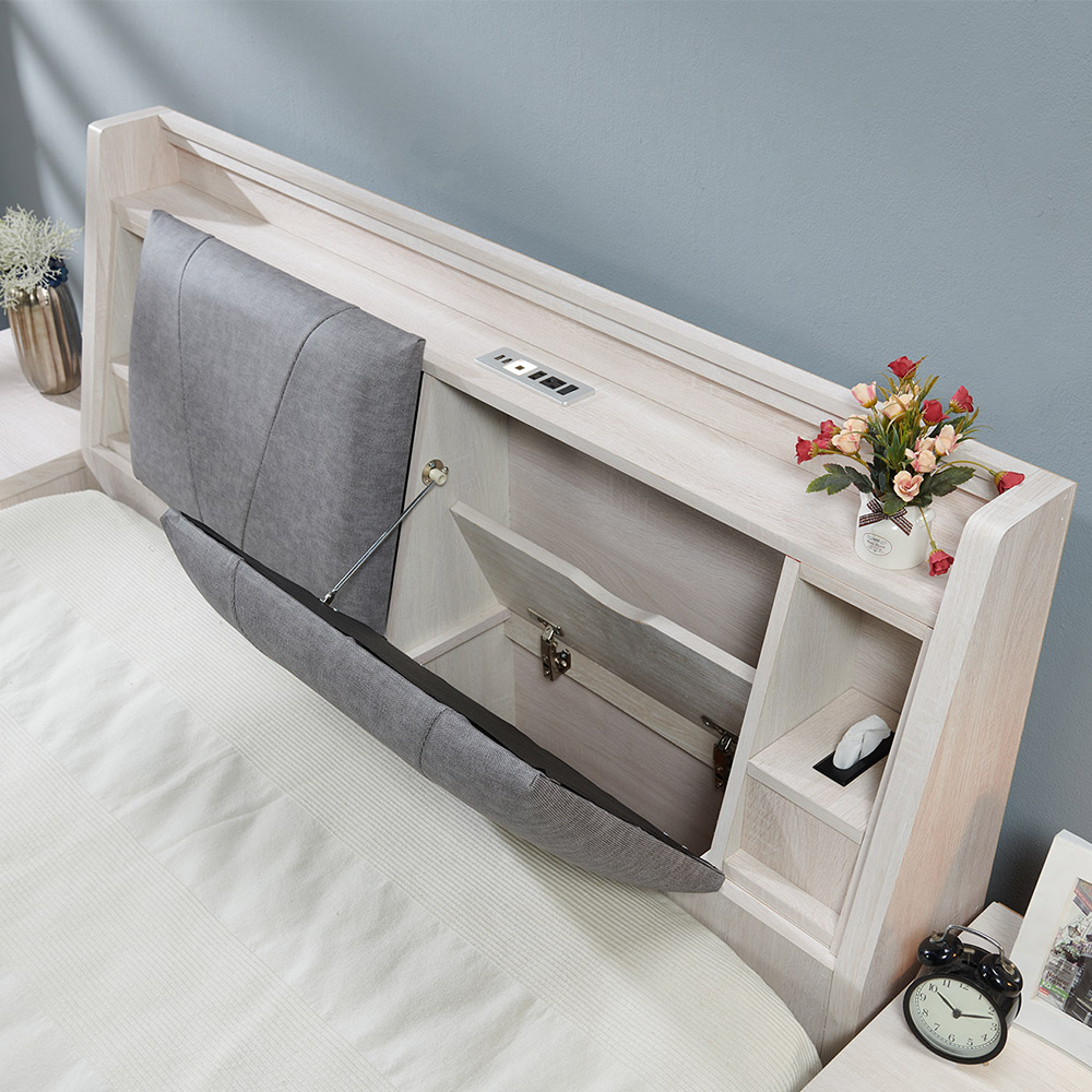 【AT HOME】維克5尺白木紋3秒USB雙人皮墊收納床頭箱
