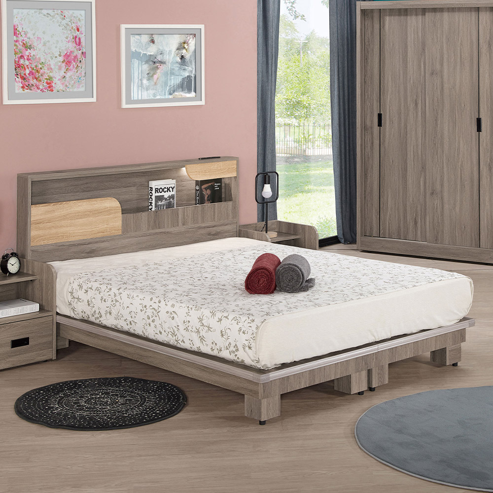 Bernice-賽亞5尺雙人灰橡色床架/床組(附插座/LED燈加厚型床頭片+床底-不含床墊)