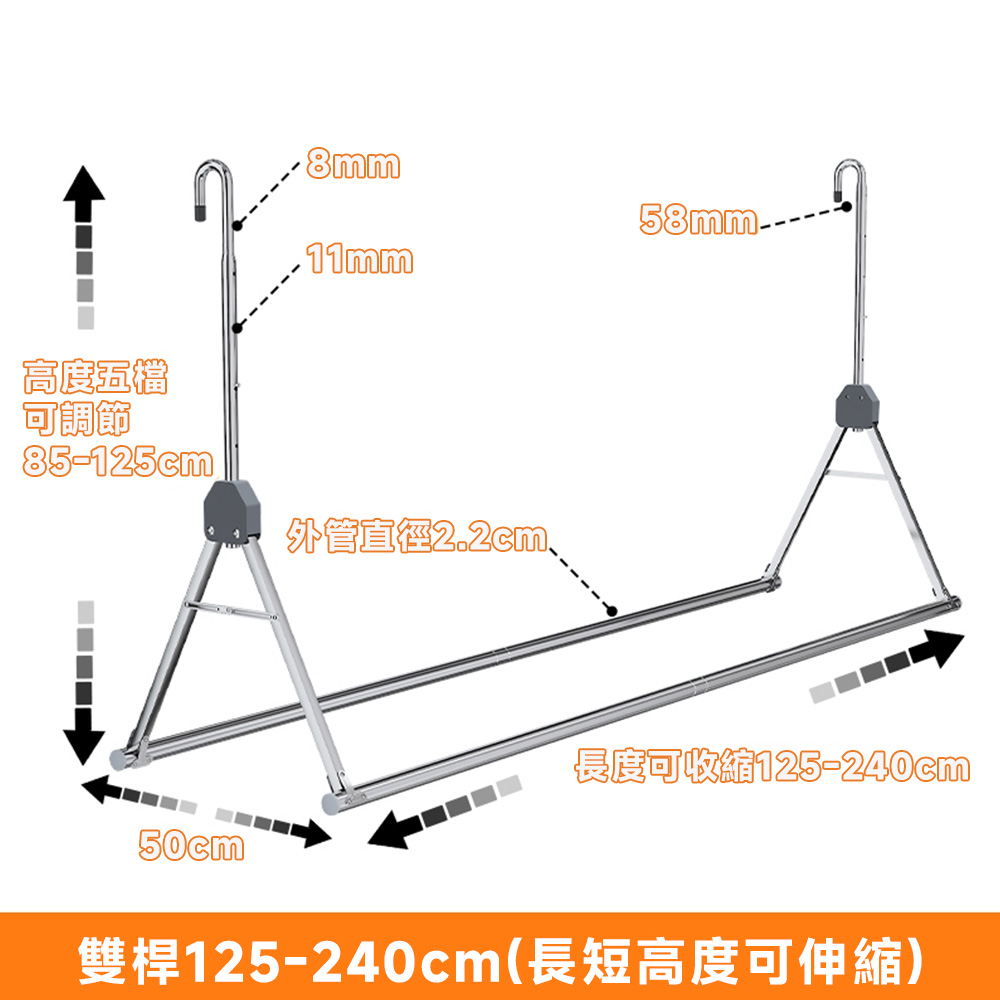 【歐德沐】曬被桿 陽臺晾衣架 陽臺桿 雙桿可伸縮125-240cm五檔調節