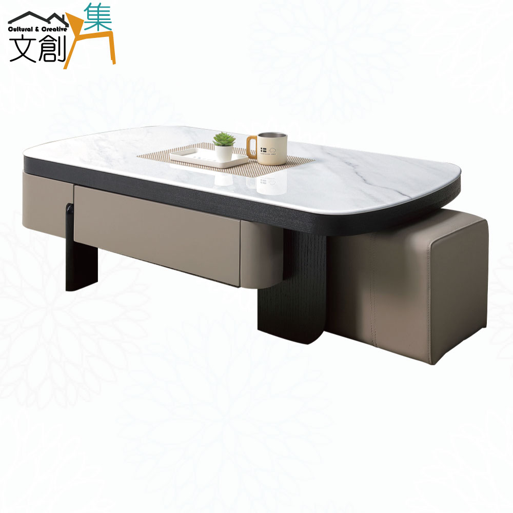 【文創集】維可4.4尺雲紋石面升降大茶几(桌面可升降＋附贈皮革圓凳單張)