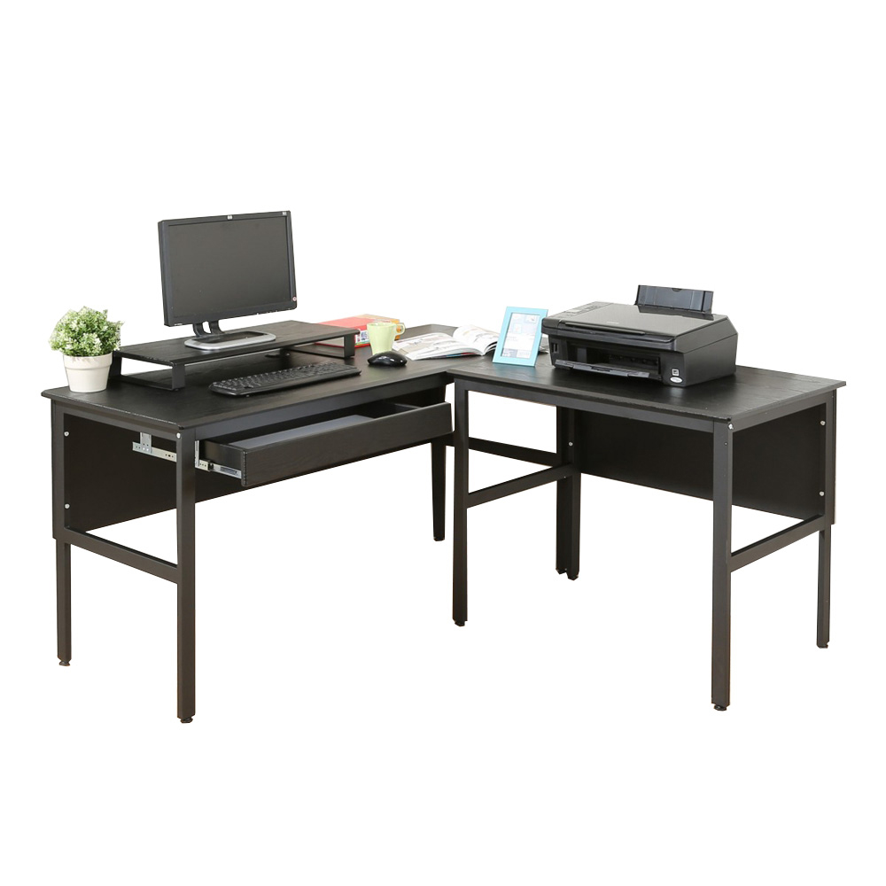 《DFhouse》頂楓150+90公分大L型工作桌+1抽屜+桌上架-黑橡木色