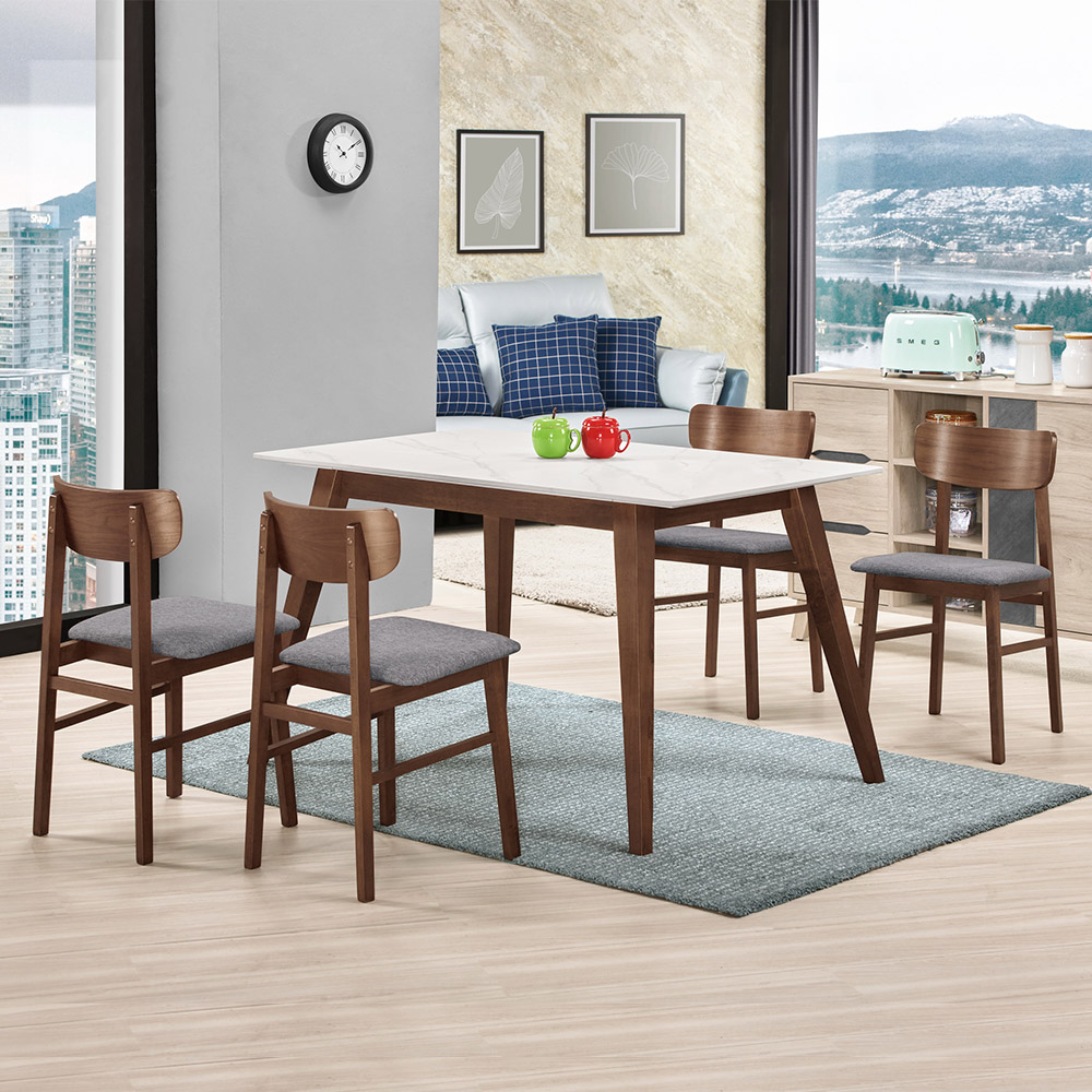 Bernice-艾朵拉4.3尺工業風白色岩板實木餐桌+肯特布面實木餐椅組合(一桌四椅)