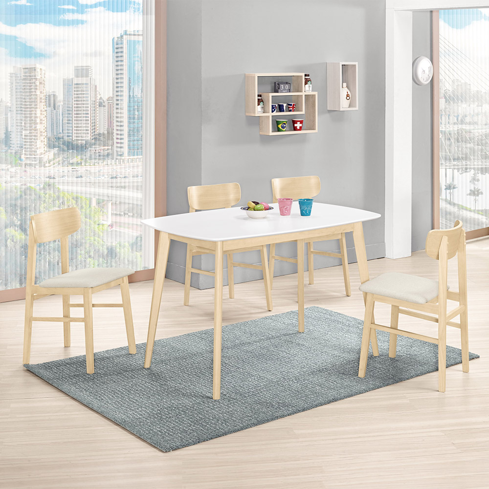 Bernice-席亞德4尺白色餐桌椅+肯特布面實木餐椅組合(一桌四椅)