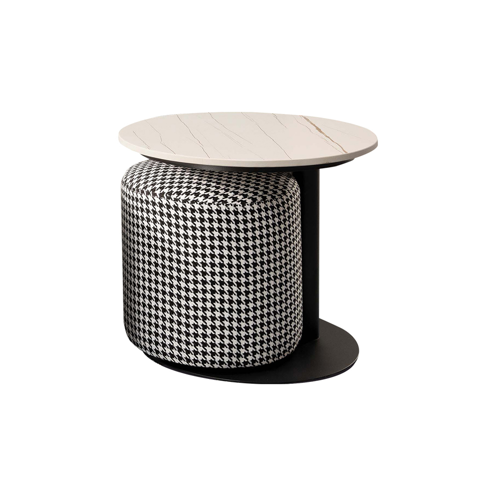 Bernice-德瑞娜1.3尺圓形岩板小茶几/邊几/邊桌-附千鳥格紋小椅凳